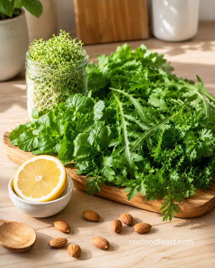 Bitter leafy greens including dandelion, arugula and parsley with a jar of broccoli sprouts for PMOS metabolic support