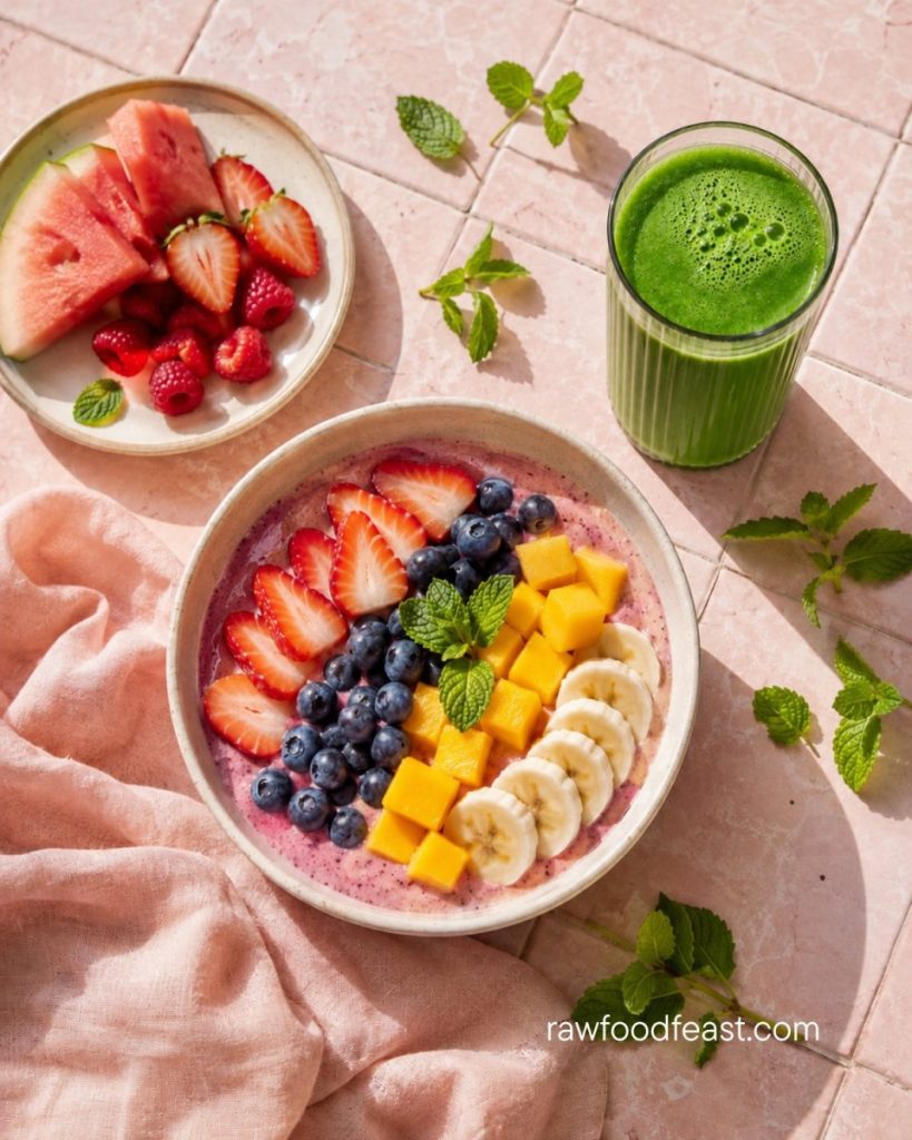 Smoothie bowl with strawberries, blueberries, mango and banana plus fresh fruit and green juice for breaking a summer juice reset