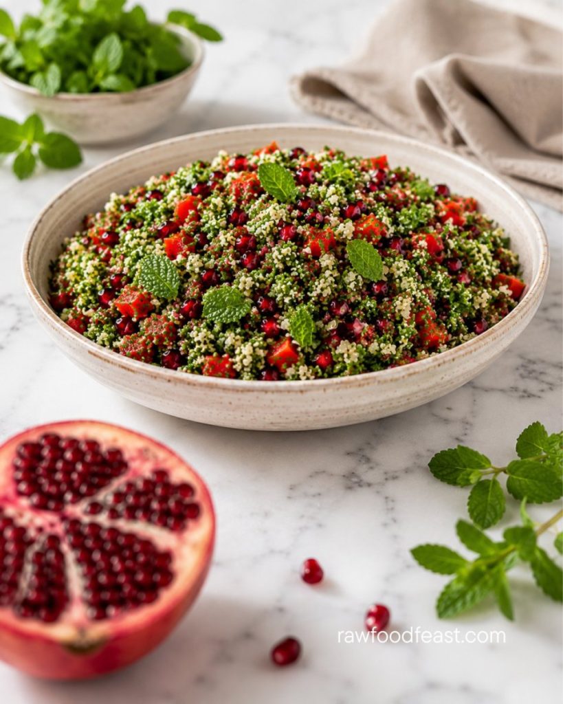 Cauliflower tabbouleh recipe with a halved pomegranate in the foreground showing fresh ruby arils