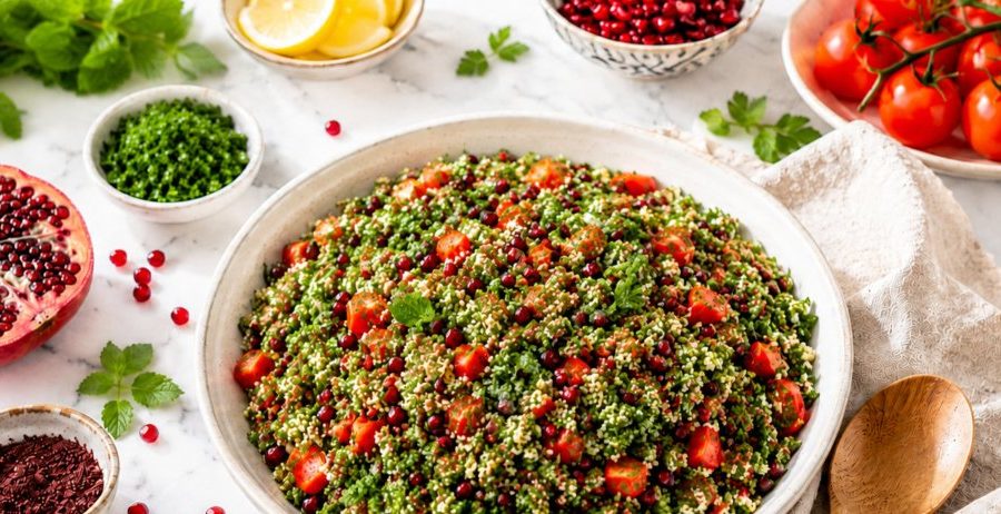 Raw cauliflower tabbouleh with pomegranate seeds, fresh herbs, cherry tomatoes, lemon, and sumac on a white marble. counter