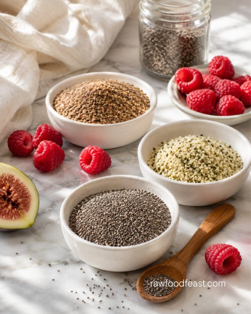 Chia, ground flaxseed and hemp seeds with raspberries and fig — high-fiber plant foods for insulin sensitivity in PMOS
