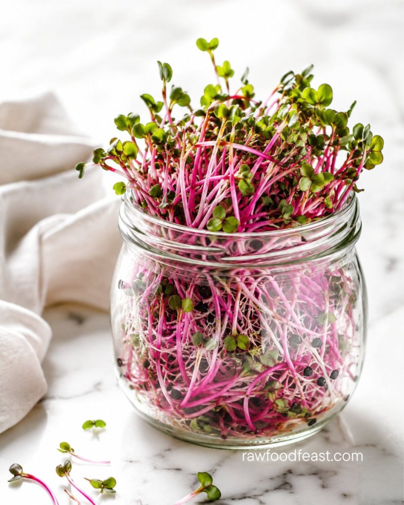 China rose radish sprouts with vivid pink stems in a glass jar on white marble