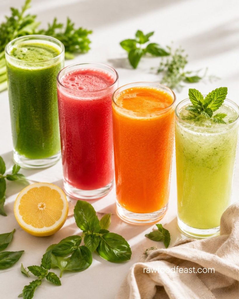 Four fresh-pressed juices in a daily summer juice reset rotation — green, watermelon, carrot-beet, cucumber-fennel