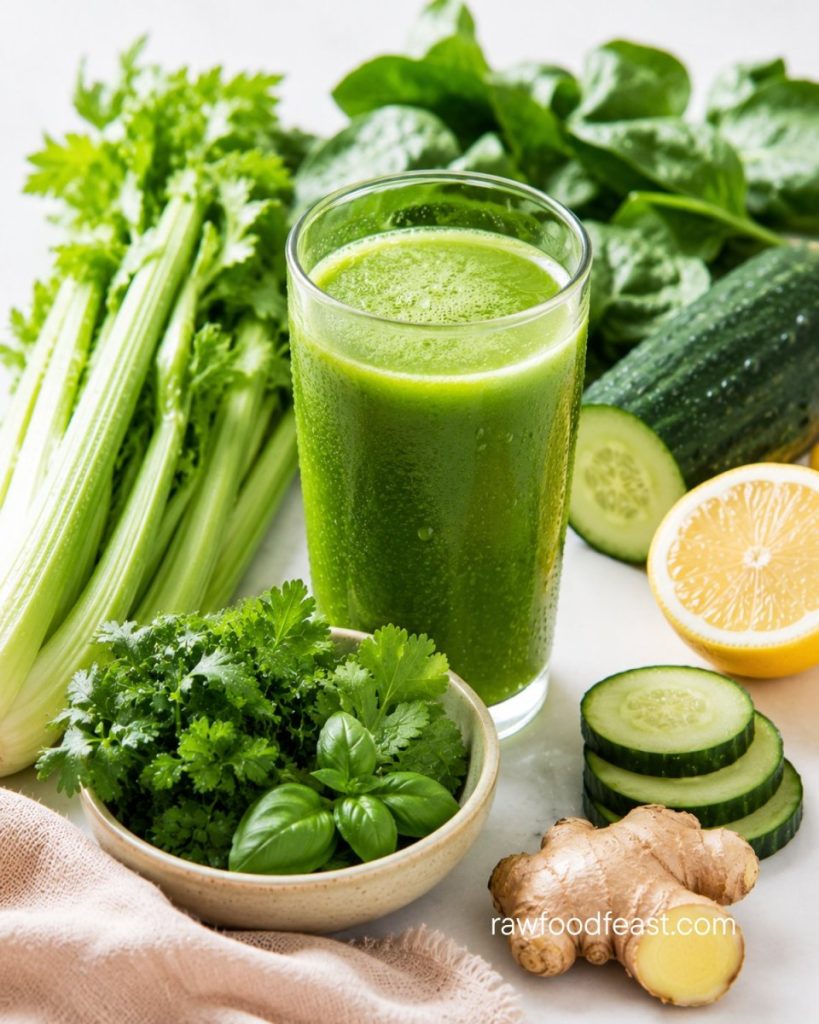 Fresh green juice with celery, cucumber, leafy greens, lemon, ginger and fresh herbs supporting gut microbiome health and to prevent the gut microbiome is aging