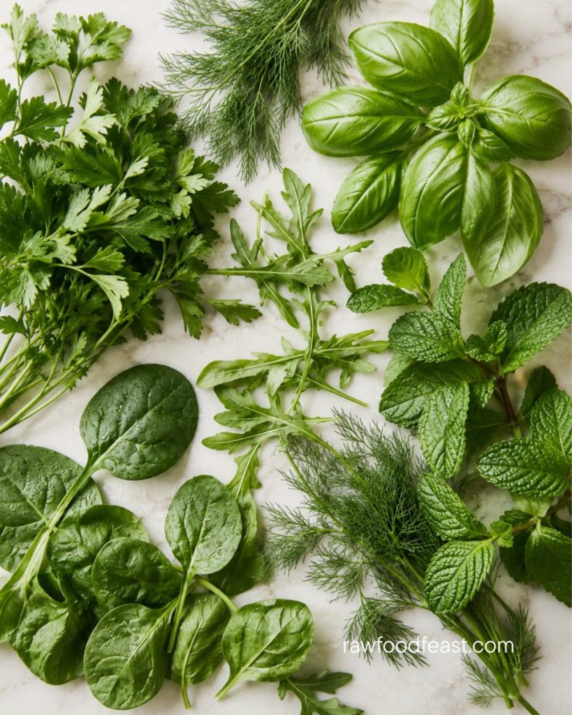Parsley, basil, dill, mint, arugula, and spinach on white marble — variety for gut health and sleep.