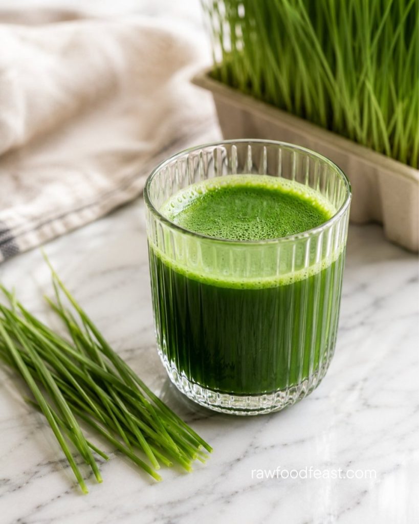 A glass of fresh wheatgrass juice on marble with cut blades and tray beside it — how to grow wheatgrass at home.