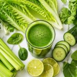 Green juice benefits — fresh cold-pressed green juice surrounded by parsley, romaine, celery, spinach, cucumber, cilantro, and lime on a clean white surface