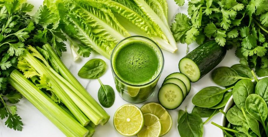 Green juice benefits — fresh cold-pressed green juice surrounded by parsley, romaine, celery, spinach, cucumber, cilantro, and lime on a clean white surface