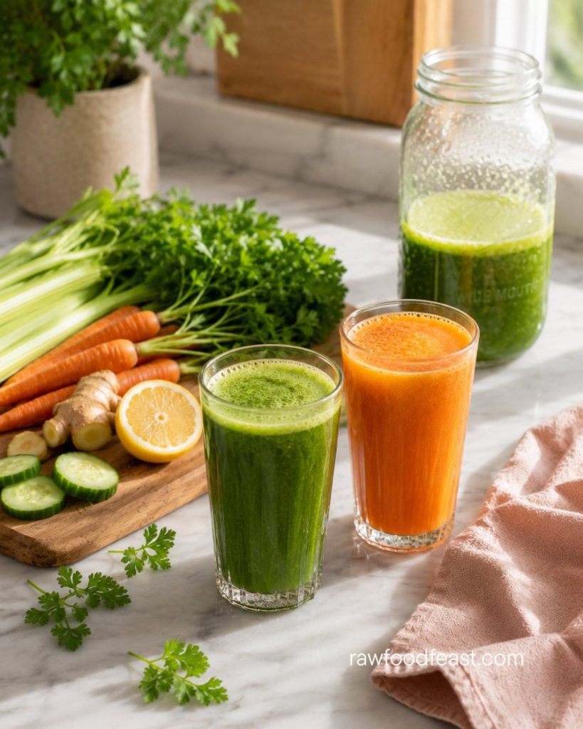 PCOS is now PMOS. Fresh green juice and carrot juice with celery, cucumber, parsley, ginger and lemon for metabolic support and PMOS