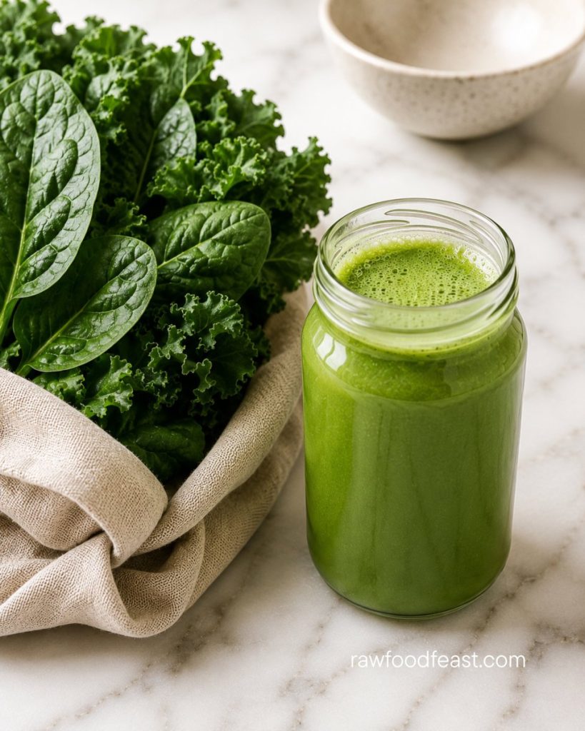 A jar of fresh green juice beside spinach and kale on white marble — raw foods for gut health and sleep.