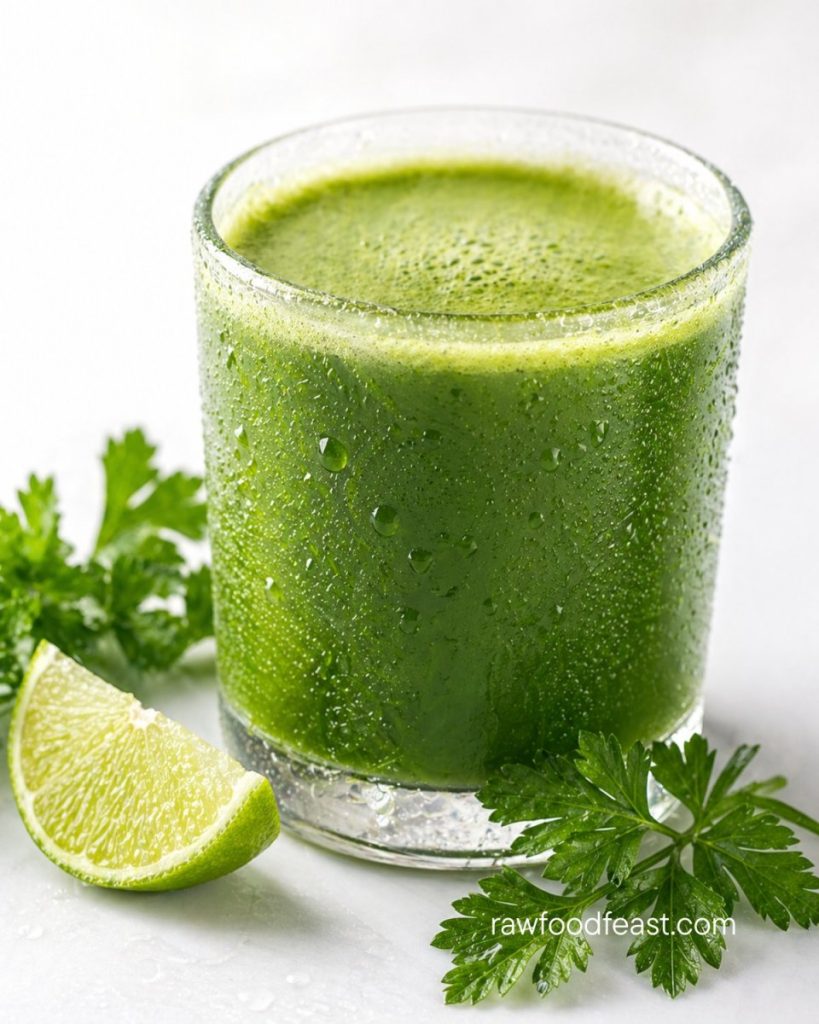 The leafy greens that belong in your juicer — romaine, celery, spinach, cucumber, cilantro, and lime around a glass of fresh green juice