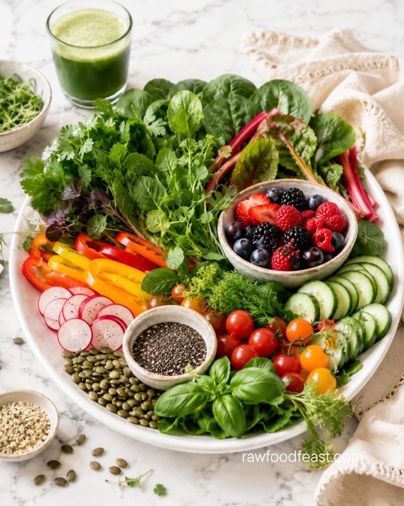A platter of leafy greens, sliced peppers, berries, herbs, and seeds on white marble — signs of an unhealthy gut