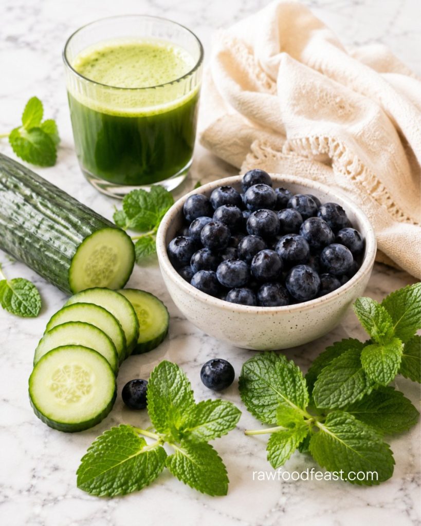 Fresh blueberries, cucumber, mint, and green juice on white marble — signs of an unhealthy gut.
