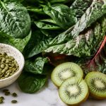 Spinach, swiss chard, pumpkin seeds, and fresh kiwi on white marble — foods for gut health and sleep.