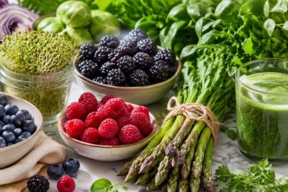 Plant foods that slow gut microbiome aging — broccoli sprouts, berries, asparagus, leafy greens, fresh green juice
