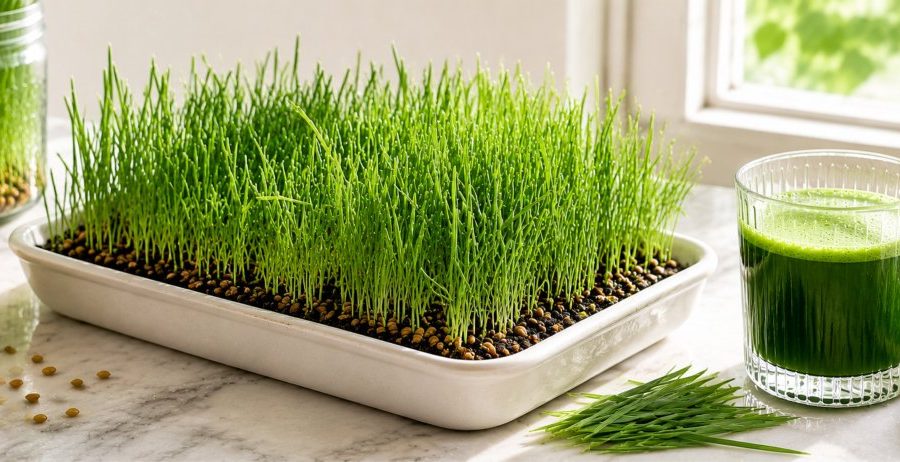 A tray of wheatgrass on marble with a glass of fresh juice and a sprouting jar — how to grow wheatgrass at home.
