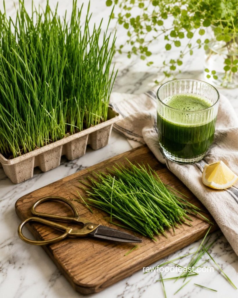 A pulp tray of wheatgrass beside a wooden board with freshly cut blades and brass scissors — how to grow wheatgrass at home