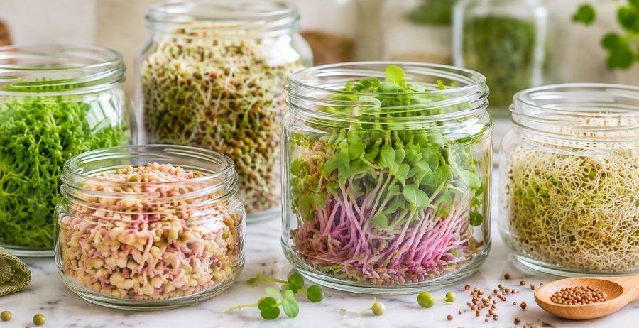 Glass jars of fresh sprouts (broccoli, alfalfa, mung bean, radish) on white marble — how to prevent mold on sprouts.