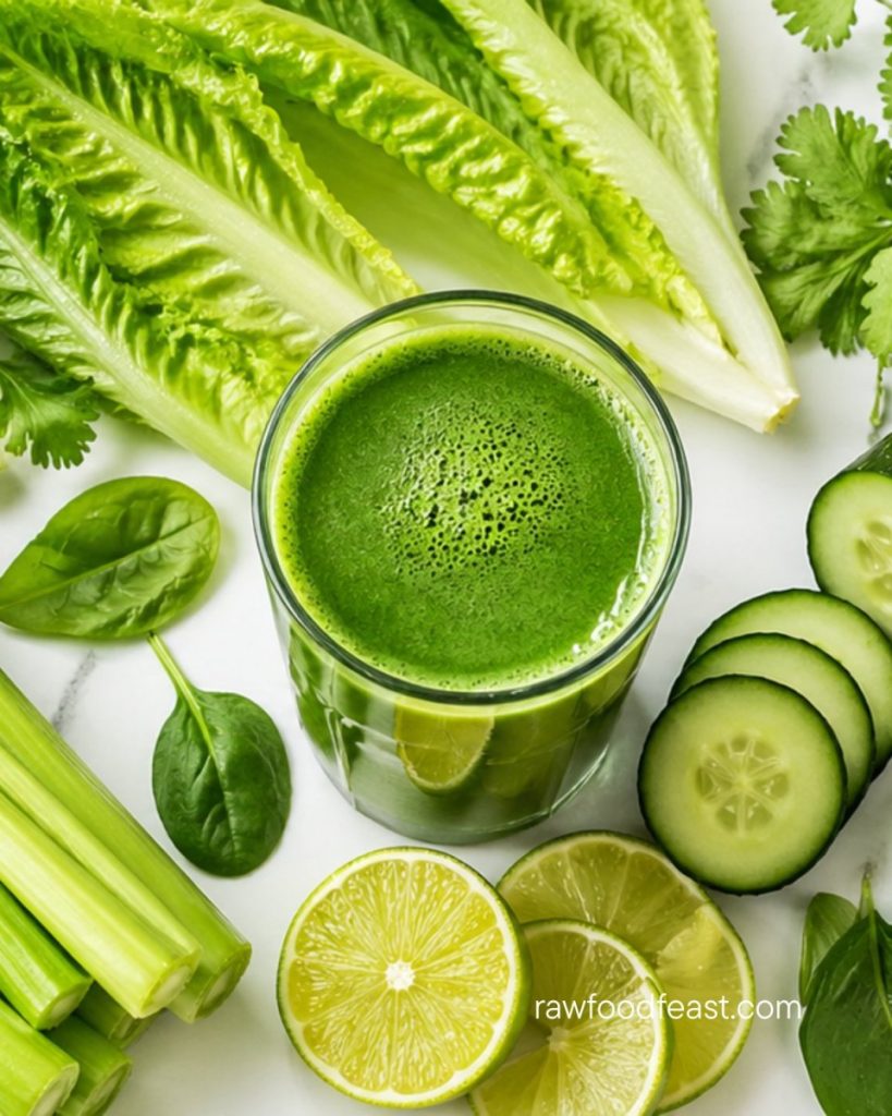 The leafy greens that belong in your juicer — romaine, celery, spinach, cucumber, cilantro, and lime around a glass of fresh green juice