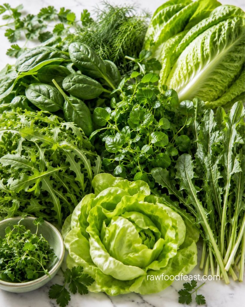 Variety of fresh leafy greens including spinach, arugula, dandelion, watercress, and butter lettuce for microbiome diversity