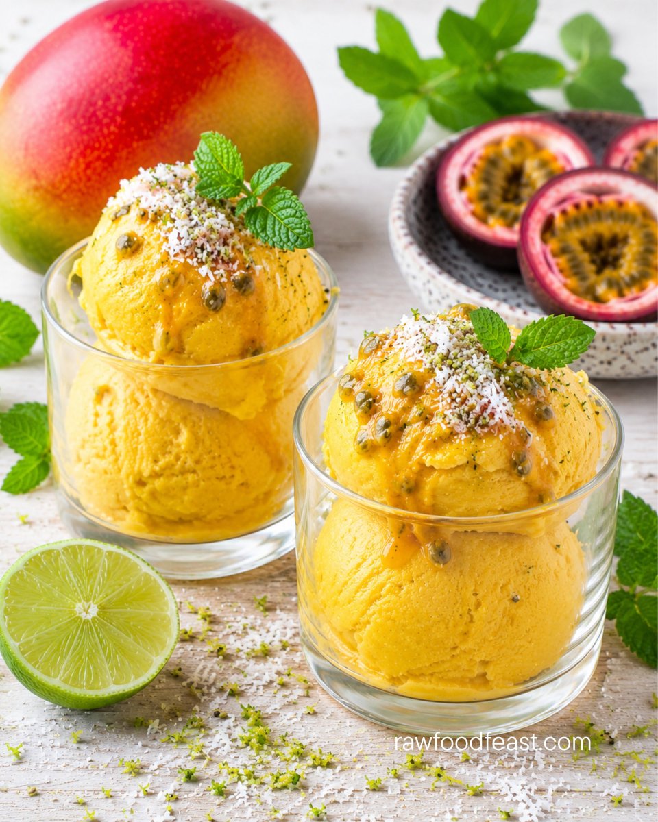 Two glasses of golden mango lime sorbet on light wood topped with passion fruit, coconut shred, lime zest, and mint.