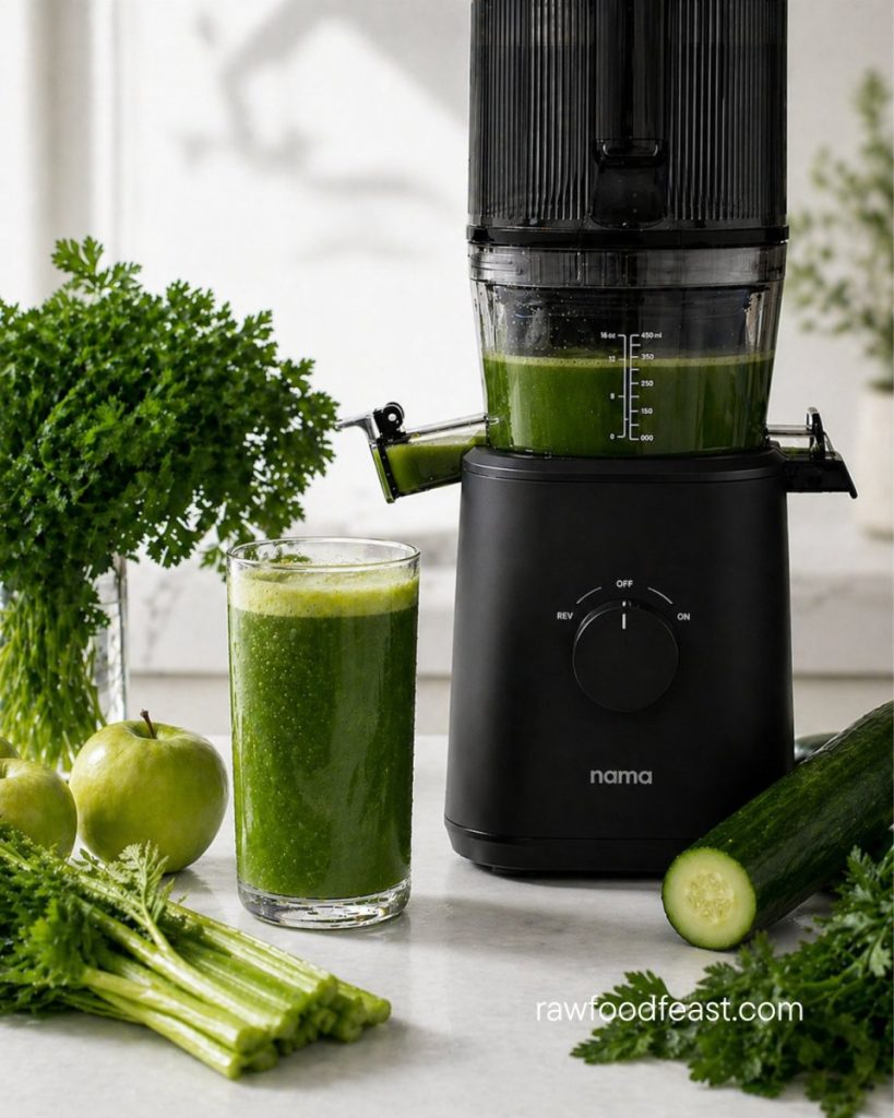 Making green juice with a Nama J2 cold press juicer — fresh parsley, celery, cucumber, and apple beside a glass of freshly pressed green juice