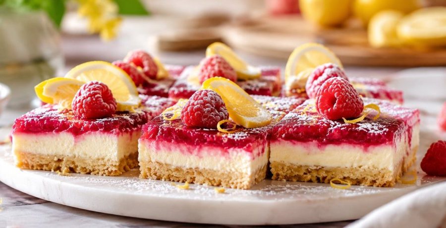 No bake lemon raspberry bars with a coconut date crust, cashew lemon filling, and fresh raspberry layer on a white plate