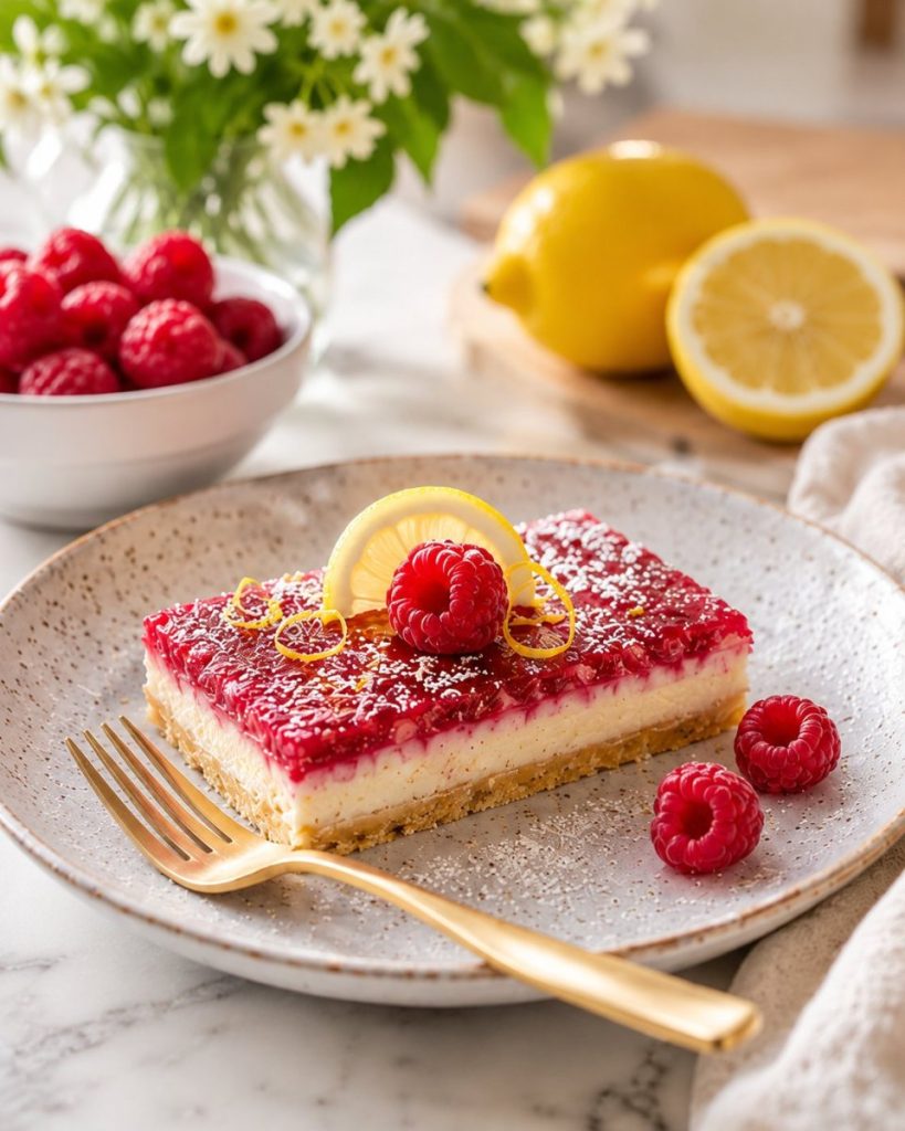 A slice of no bake lemon raspberry bars showing three layers — date crust, creamy lemon filling, and raspberry — with fresh raspberries on a wooden surface