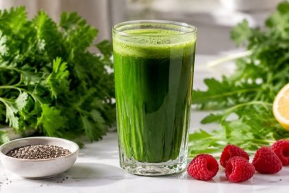 Fresh green juice with parsley, dandelion greens, chia seeds and raspberries — plant-powered eating after PCOS renamed PMOS