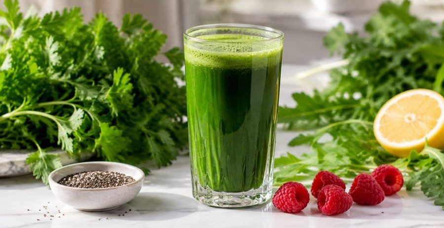 Fresh green juice with parsley, dandelion greens, chia seeds and raspberries — plant-powered eating after PCOS renamed PMOS