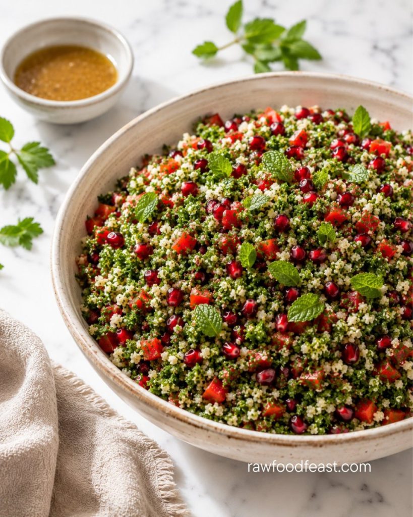 Raw cauliflower tabbouleh with pomegranate seeds and a small bowl of creamy lemon date dressing on white marbl