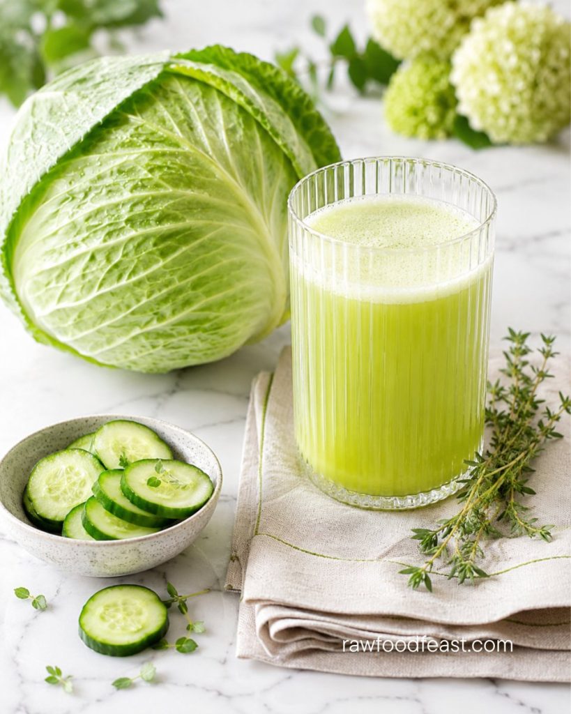 A whole green cabbage and tall glass of fresh green cabbage juice on white marble — cabbage juice for gut health.