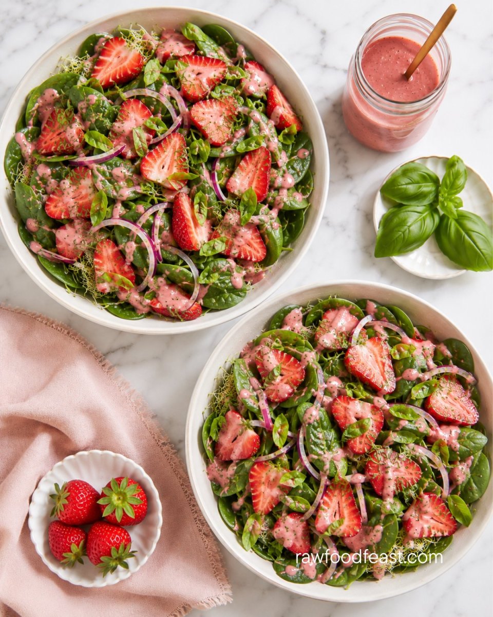 Overhead view of two raw strawberry spinach salads tossed with pink balsamic dressing on a marble surface