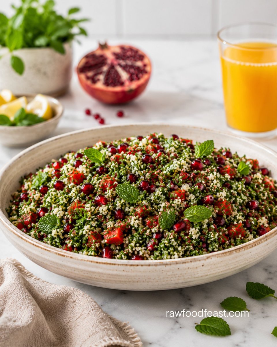 Side view of raw vegan cauliflower tabbouleh topped with pomegranate seeds and fresh mint leaves
