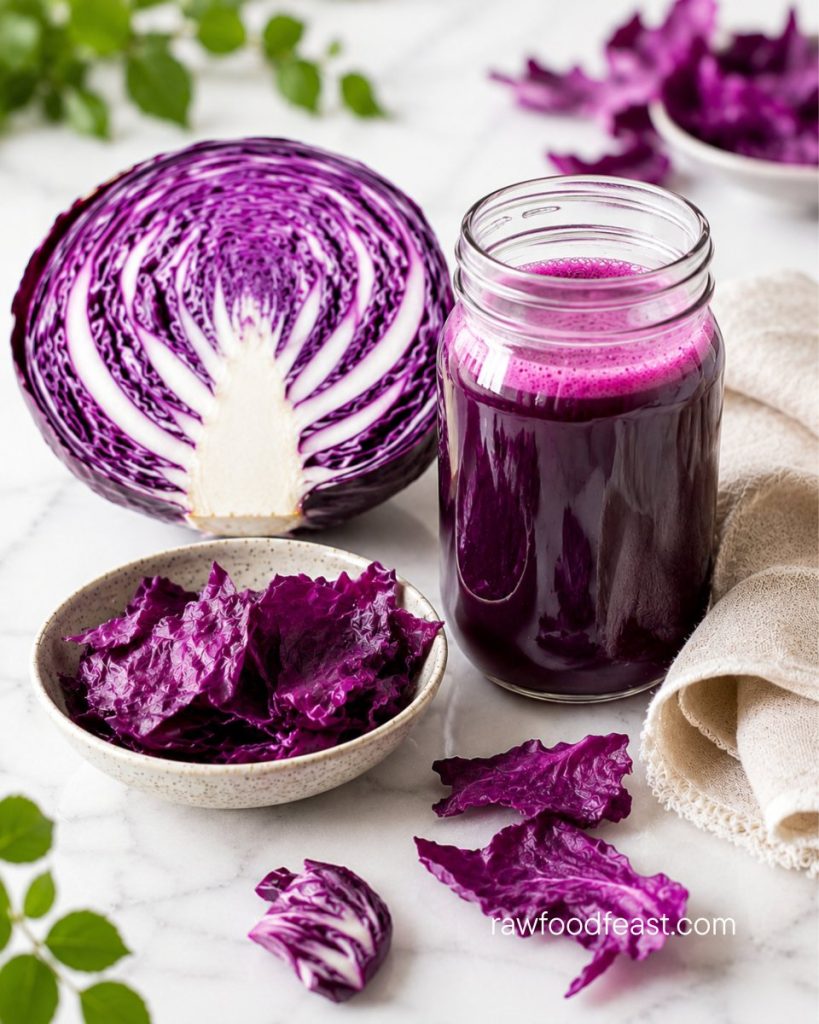 A halved red cabbage and jar of vibrant purple cabbage juice on white marble — cabbage juice for gut health.