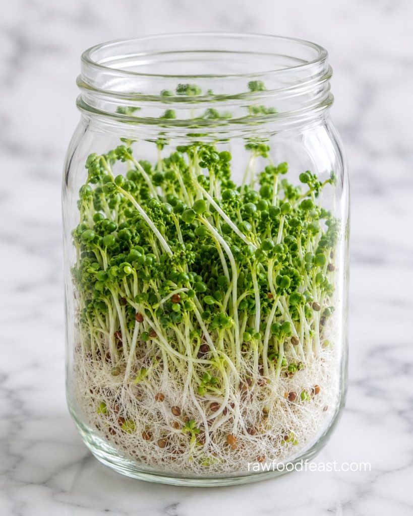 Close-up of healthy broccoli sprouts with visible white root hairs on white marble — how to prevent mold on sprouts.