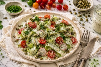 Shaved asparagus salad with creamy oil-free lemon herb dressing on a light marble surface with chives and lemon