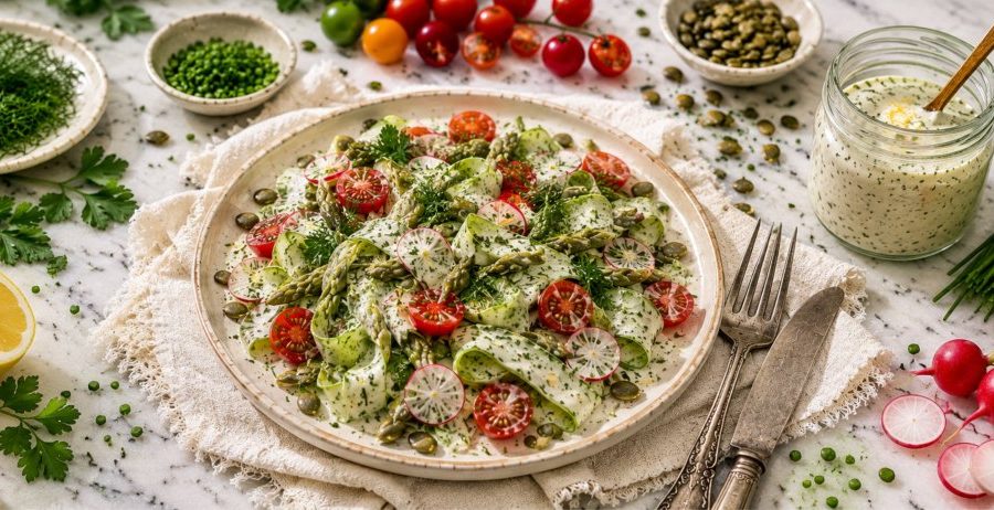 Shaved asparagus salad with creamy oil-free lemon herb dressing on a light marble surface with chives and lemon