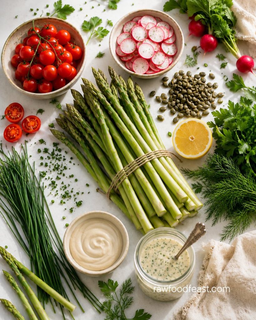 Ingredients for shaved asparagus salad — raw asparagus, tomatoes, radishes, fresh herbs, tahini, lemon, and chives