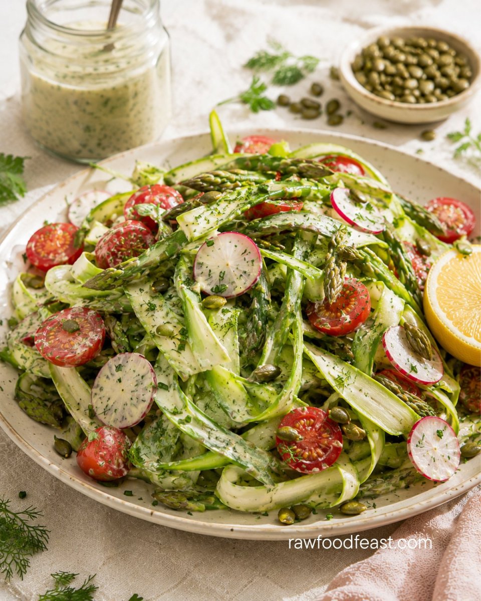 Plate of shaved asparagus salad with cherry tomatoes, radishes, capers, and creamy lemon herb dressing