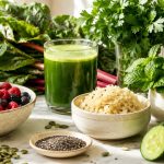 Abundant spread of leafy greens, fresh herbs, berries, sauerkraut, and green juice on white marble — signs of an unhealthy gut.