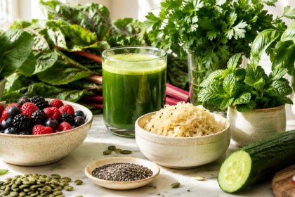 Abundant spread of leafy greens, fresh herbs, berries, sauerkraut, and green juice on white marble — signs of an unhealthy gut.