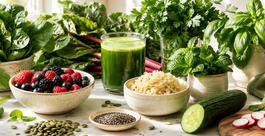 Abundant spread of leafy greens, fresh herbs, berries, sauerkraut, and green juice on white marble — signs of an unhealthy gut.