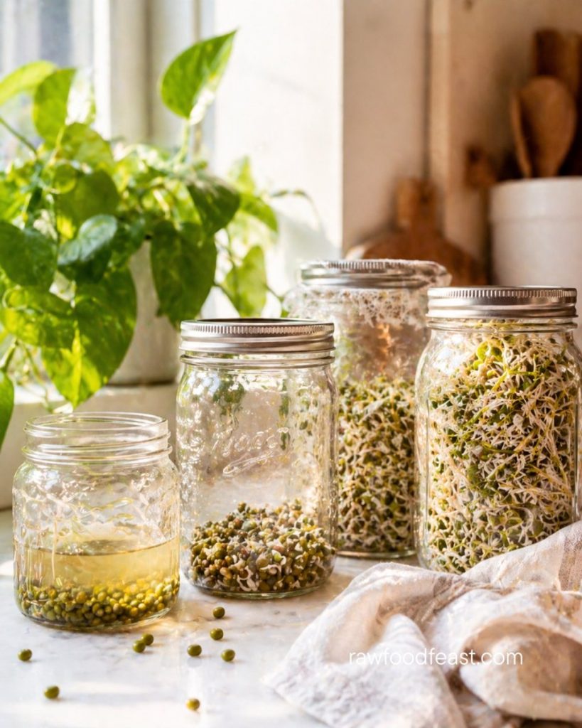 Benefits of sprouting day by day — three glass jars on a kitchen countertop showing sprouts at different growth stages from soaking to fully sprouted