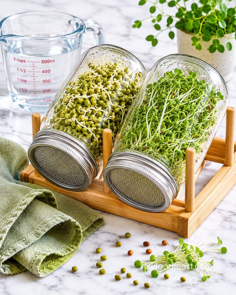 Two glass sprouting jars tipped at 45-degree angle in a bamboo rack on white marble — how to prevent mold on sprouts.