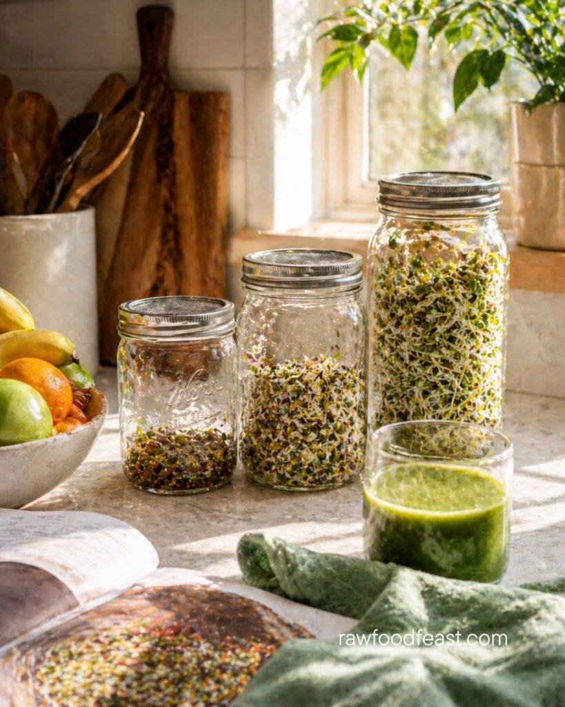 Growing your own food at home — sprouting jars at different stages on a kitchen countertop with a glass of green juice and a bowl of fresh fruit