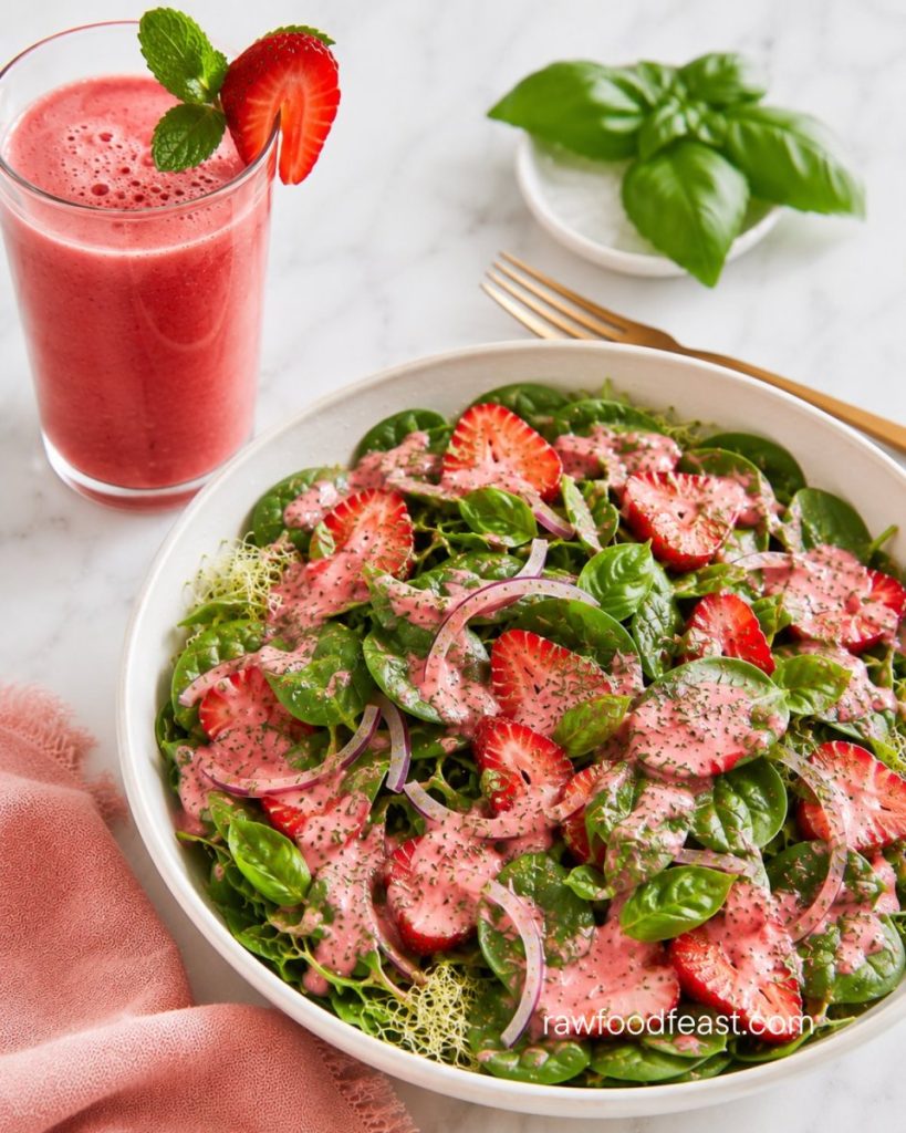 Raw strawberry spinach salad paired with a tall glass of fresh-pressed strawberry juice with mint