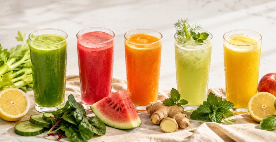 Five colorful fresh-pressed juices for a summer juice reset — green, watermelon, carrot-beet, cucumber-fennel, apple-ginger