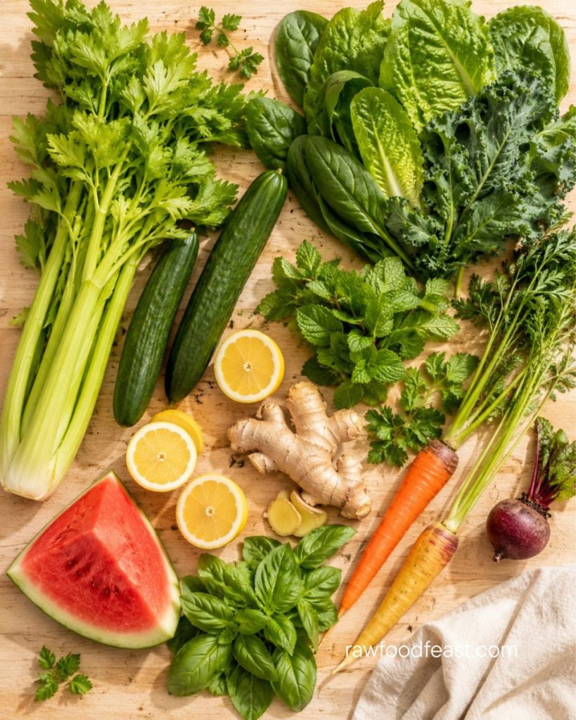 Fresh seasonal produce for a summer juice reset — celery, cucumber, leafy greens, lemon, ginger, watermelon, carrots, beet