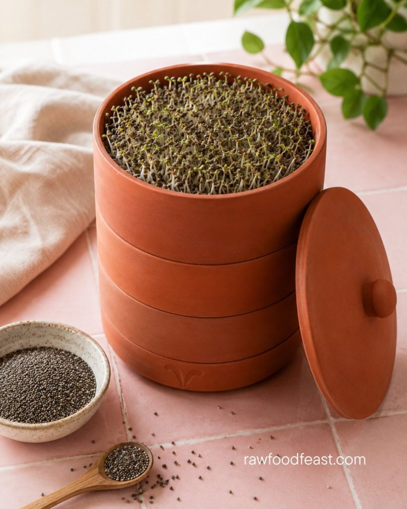 Stacked terracotta sprouter growing chia sprouts on pink tile with a small dish of chia seeds beside i